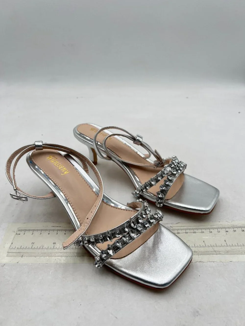 Wansseny Silver Gorgeous Rhinestone Strappy Open Square Toe Ankle Strap Sandals